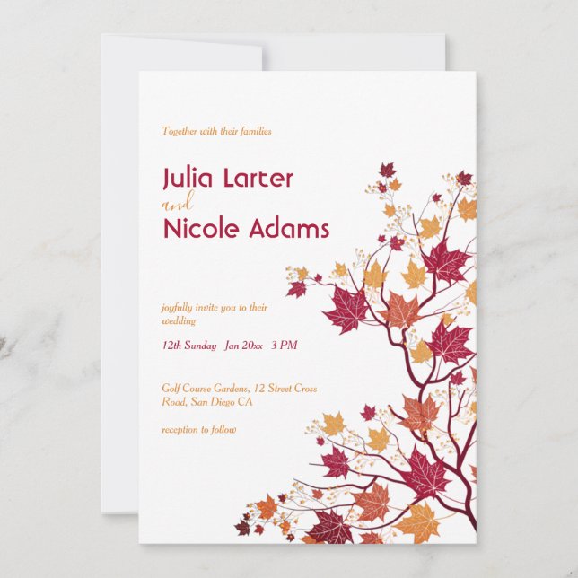Invitation Mariage Fleurs Feuilles Bourgeons Séchés d'Érable (Devant)
