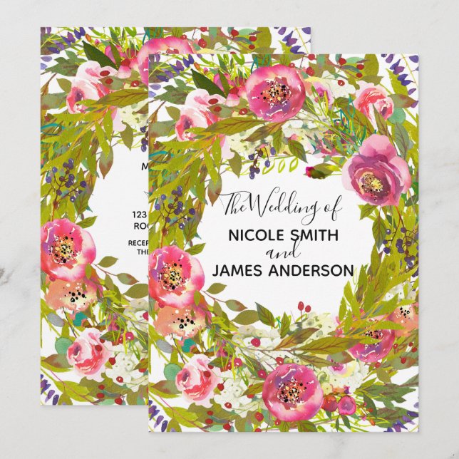 Invitation Mariage Fleurs Florales Roses Printemps Verdure (Devant / Derrière)