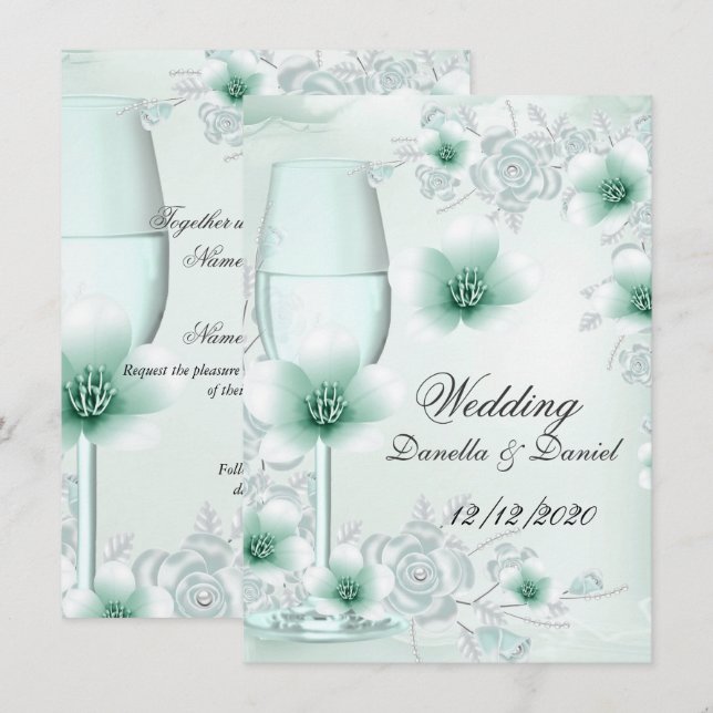 Invitation Mariage Fleurs Florales Vert Menthe Roses (Devant / Derrière)