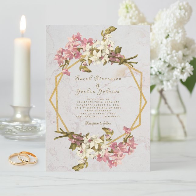 Invitation Mariage Fleurs Géométriques Marbre Or et Fleurs (Créateur téléchargé)