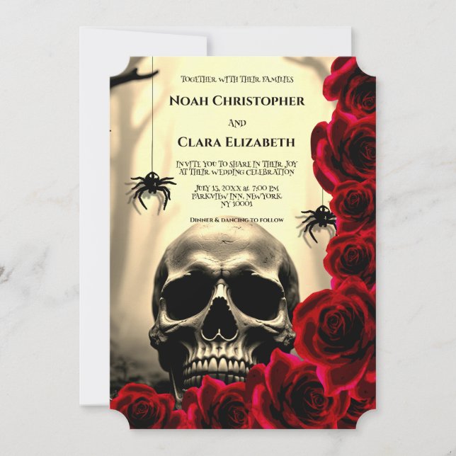 Invitation Mariage Fleurs Gothiques Crâne Halloween roses rou (Devant)