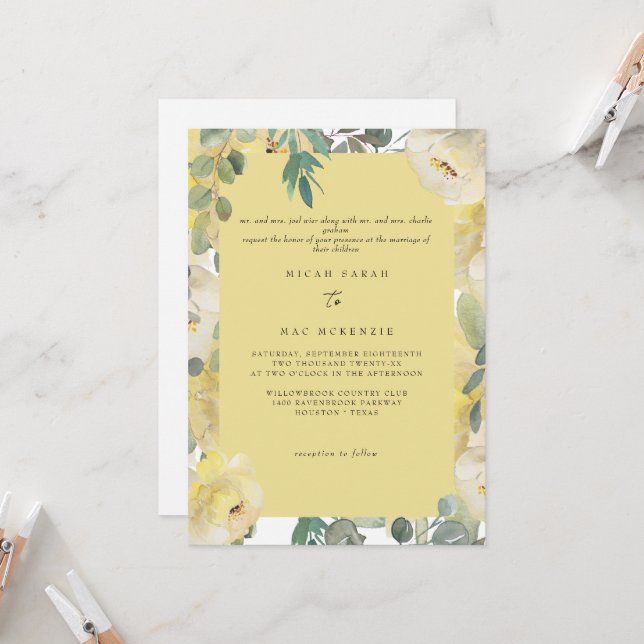 Invitation Mariage Fleurs Jaunes Deux Parents (Devant/Arrière en situation)