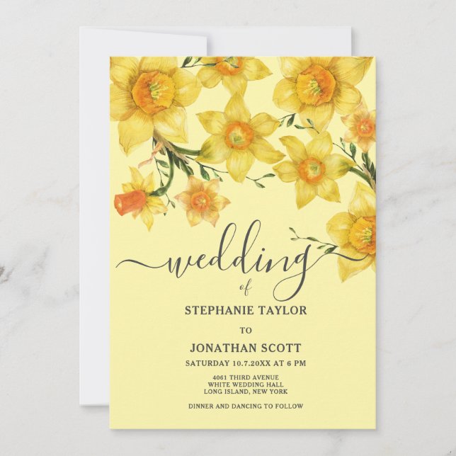 Invitation Mariage fleurs jonquilles dorées vertes de printem (Devant)