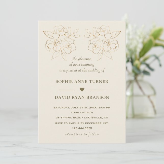 Invitation Mariage Fleurs Ligne Or Ivoire Moderne (Debout devant)