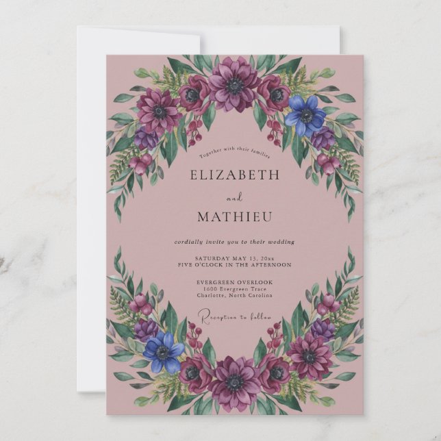 Invitation Mariage Fleurs Luxuriantes Rose Poussiéreuse (Devant)