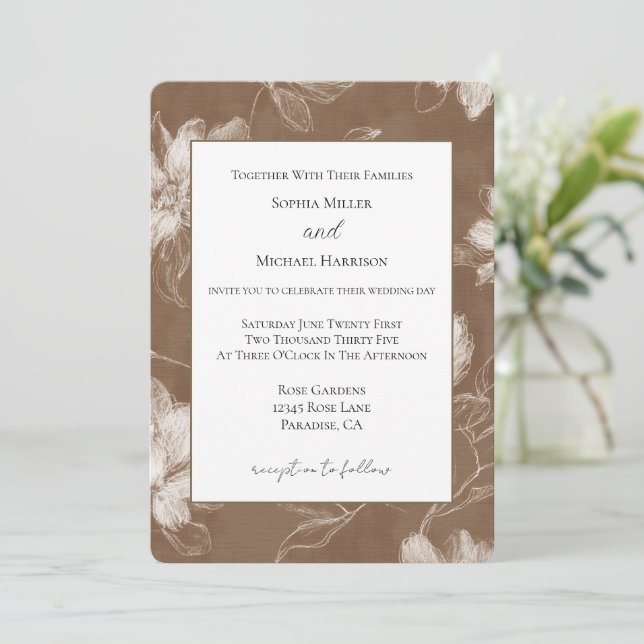 Invitation Mariage Fleurs Marron Crème (Debout devant)