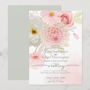 Invitation MARIAGE Fleurs mélangées d'ivoire rose pâle