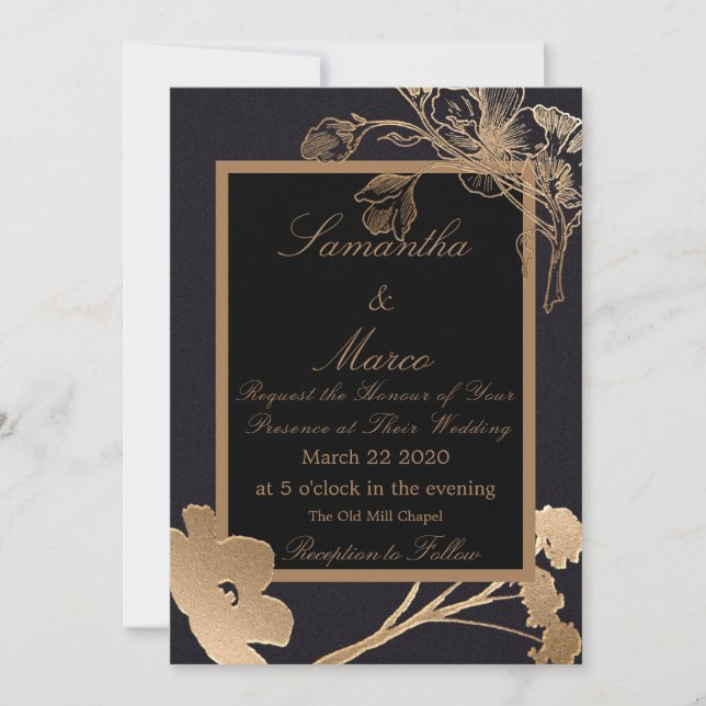 Invitation Mariage Fleurs Métalliques Modernes et Élégantes (Devant)