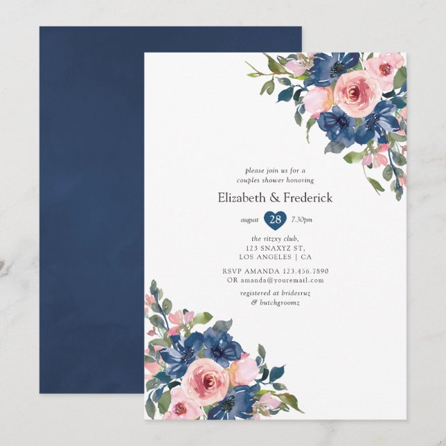 Invitation Mariage Fleurs Navy et Blush pour Couples (Devant / Derrière)