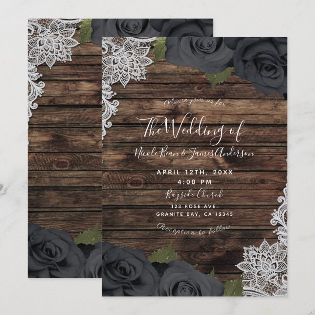 Invitation Mariage Fleurs Noires Glam Roses Bois Rustique Den (Devant / Derrière)