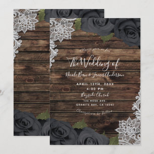 Invitation Mariage Fleurs Noires Glamour Bois Rustique Dentel