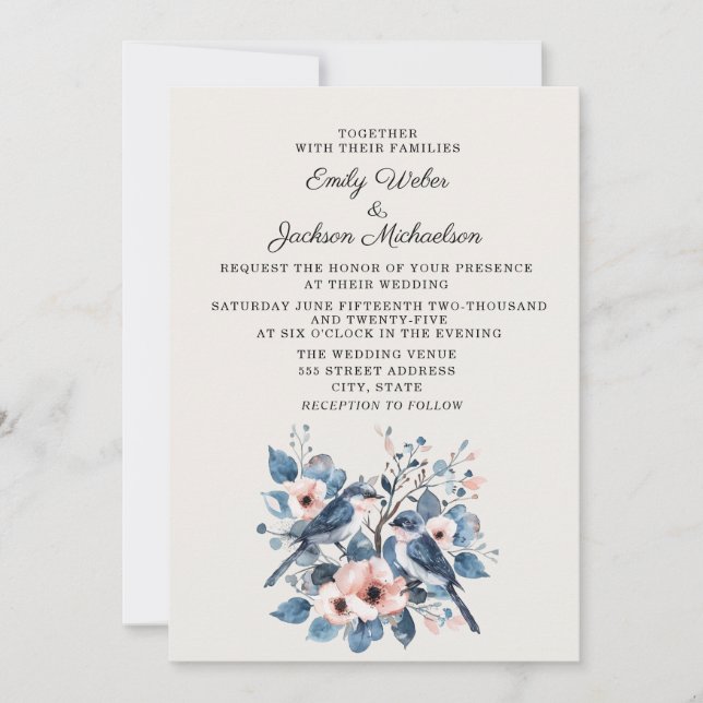 Invitation Mariage Fleurs Oiseaux Rose Navy (Devant)