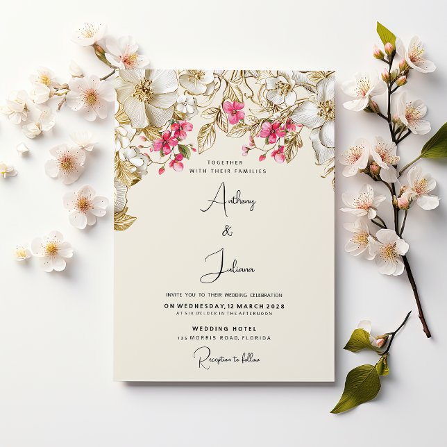 Invitation Mariage fleurs or blanc rose ivoire de luxe (Luxury ivory pink white gold flowers wedding)
