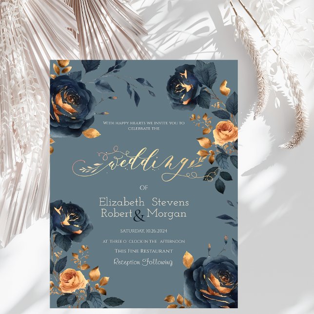 Invitation Mariage Fleurs Or Bleu Marine (Créateur téléchargé)