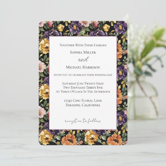 Invitation Mariage Fleurs Orange Rose Jaune Violet (Debout devant)