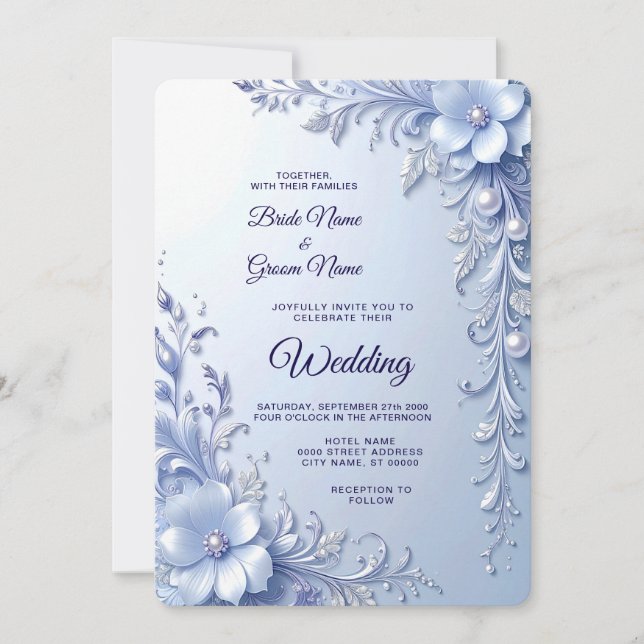 Invitation Mariage Fleurs Ornées Bleues avec Perles (Devant)