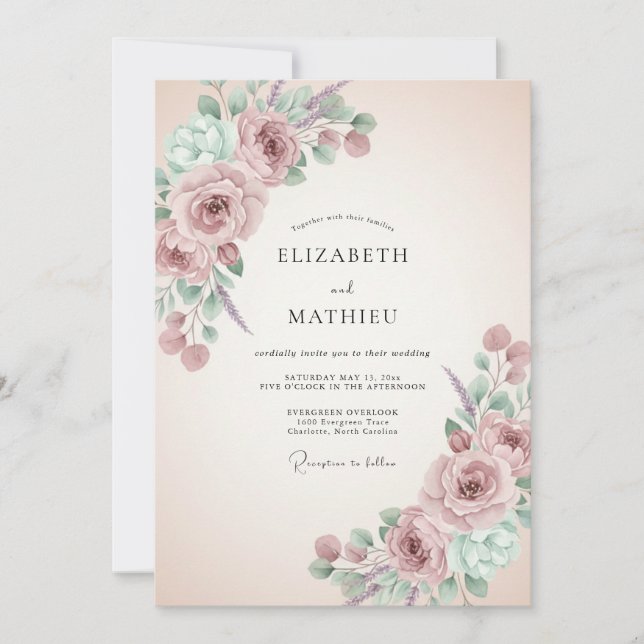 Invitation Mariage Fleurs Painterly Rose Pâle (Devant)