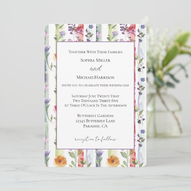 Invitation Mariage Fleurs Rayures Rouge Orange Violet (Debout devant)