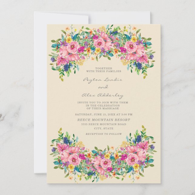 Invitation Mariage Fleurs Rose Bleu Jaune Boho (Devant)