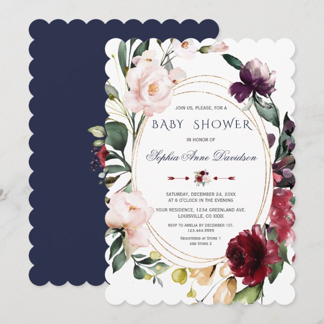 Invitation Mariage Fleurs Rose Bourgogne Royale Bleu Or (Devant / Derrière)