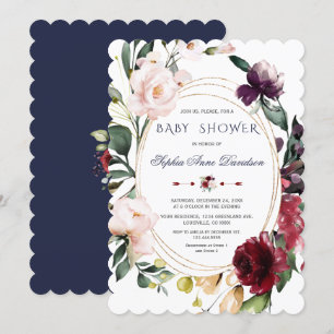 Invitation Mariage Fleurs Rose Bourgogne Royale Bleu Or