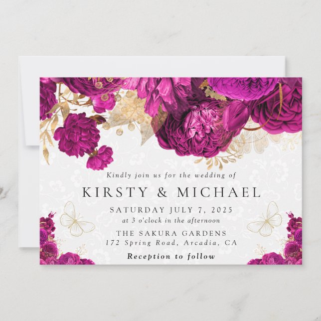 Invitation Mariage Fleurs Rose Chaud et Or Aquarelle (Devant)