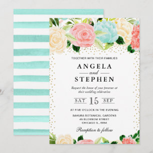 Invitation Mariage Fleurs Rose et Menthe Aquarelle