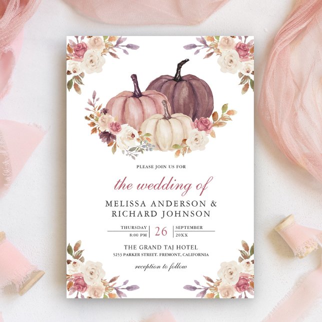 Invitation Mariage Fleurs Rose Poussiéreuse et Citrouille et  (Créateur téléchargé)