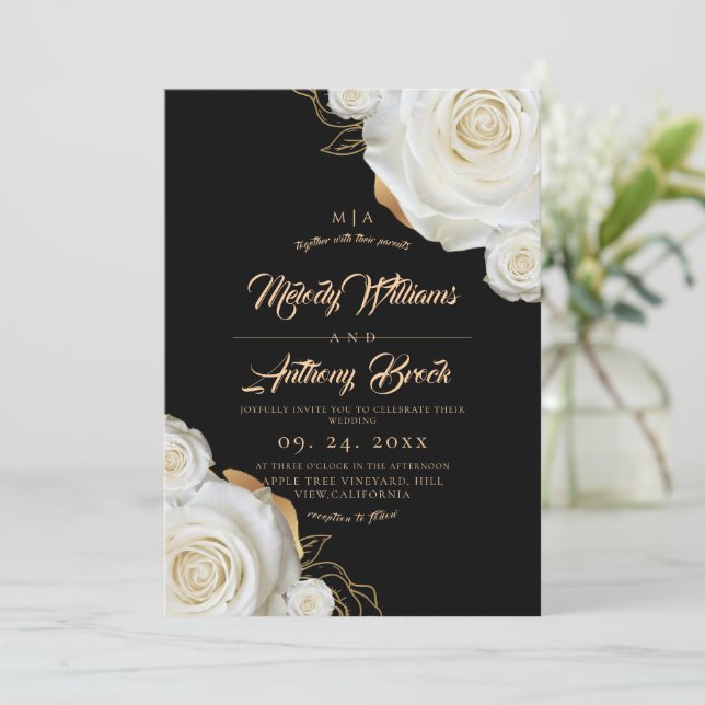 Invitation Mariage Fleurs Roses Blanches Noir (Debout devant)