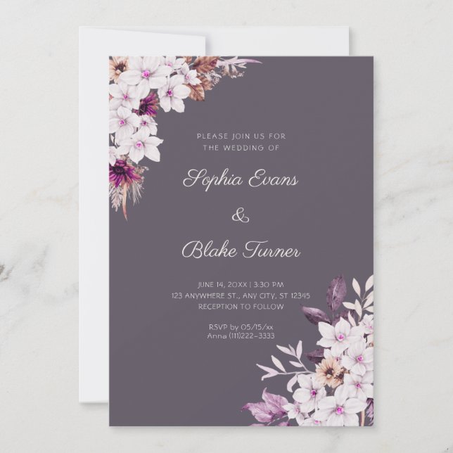 Invitation Mariage Fleurs Roses Blanches Rustiques Bohème Fum (Devant)