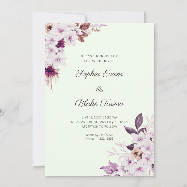 Invitation Mariage Fleurs Roses Blanches Rustiques Bohème Ver (Devant)