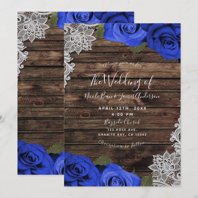 Invitation Mariage Fleurs Roses Bleu Violet Bois Rustique Den (Devant / Derrière)