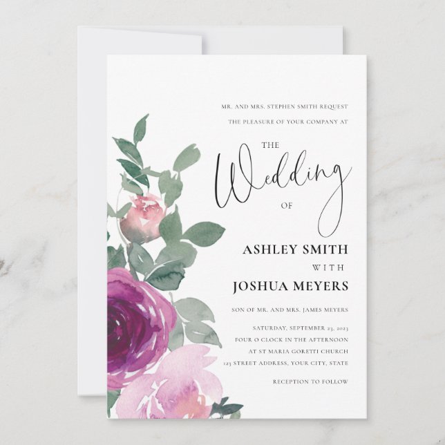 Invitation Mariage Fleurs Roses Blush Rose Magenta Blanc (Devant)