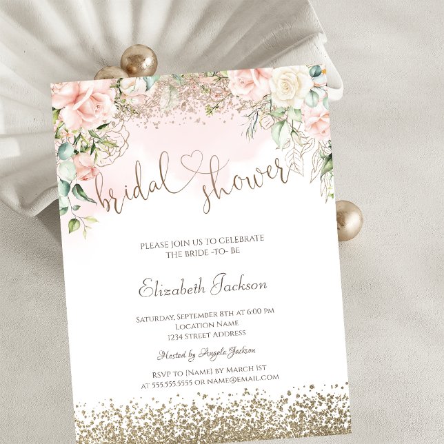 Invitation Mariage Fleurs Roses Diamants Lavis  (Créateur téléchargé)