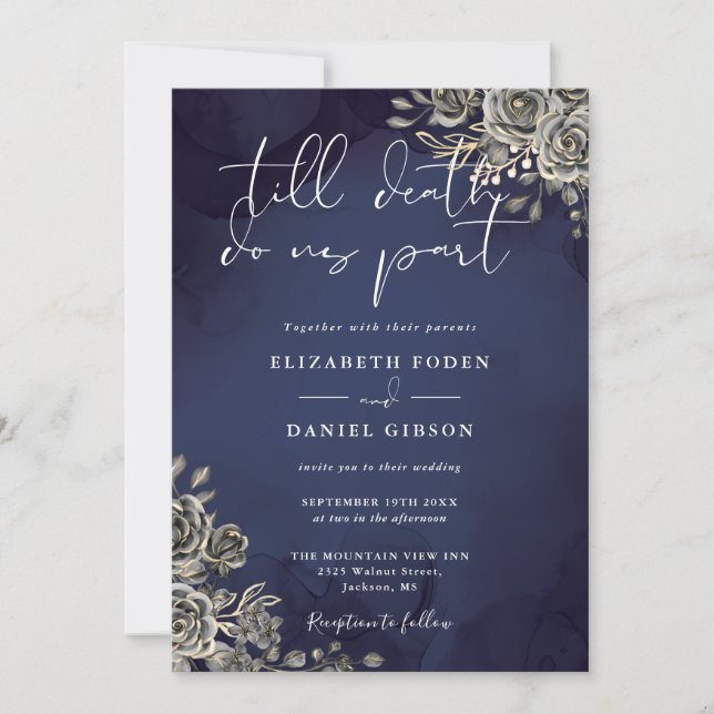 Invitation Mariage Fleurs Roses Gothiques Bleu Minuit (Devant)