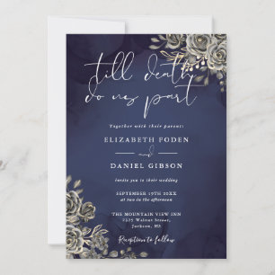 Invitation Mariage Fleurs Roses Gothiques Bleu Minuit