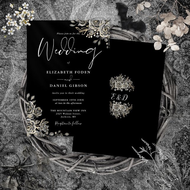 Invitation Mariage Fleurs Roses Gothiques Noir Et Blanc (Gothic Roses Floral Black And White Wedding Invitation)
