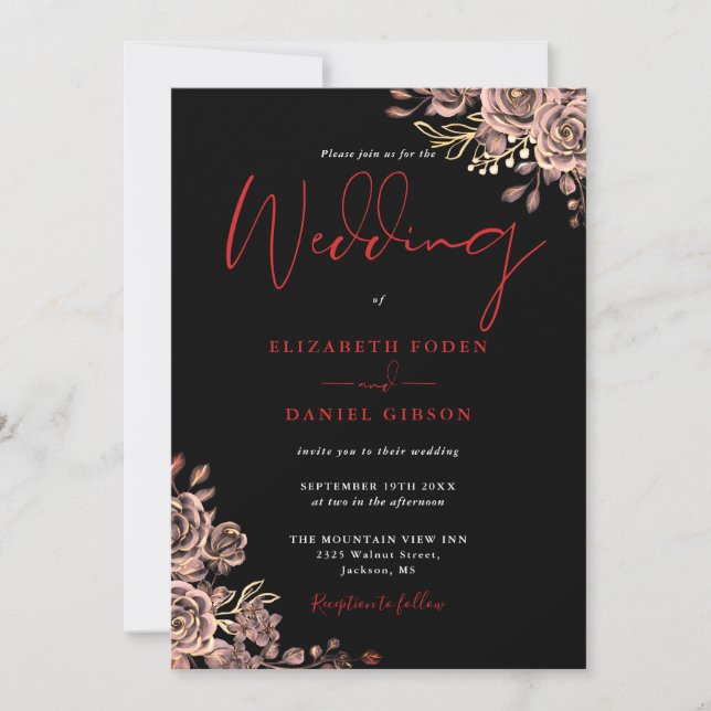 Invitation Mariage Fleurs Roses Gothiques Noir Et Rouge (Devant)