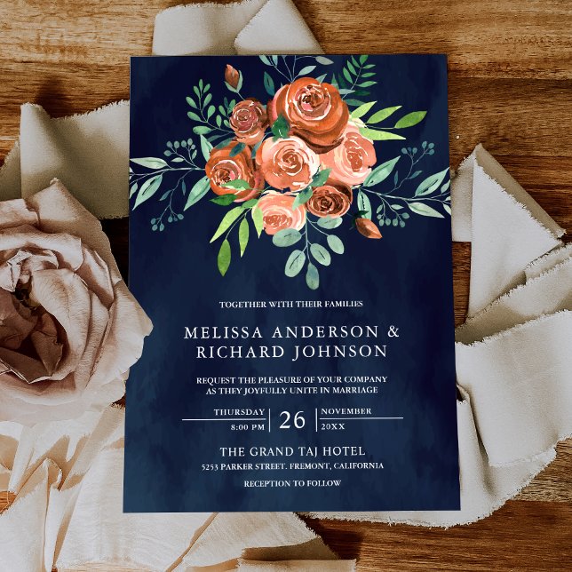 Invitation Mariage Fleurs Roses Orange Brûlé Terne Bleu Marin (Créateur téléchargé)