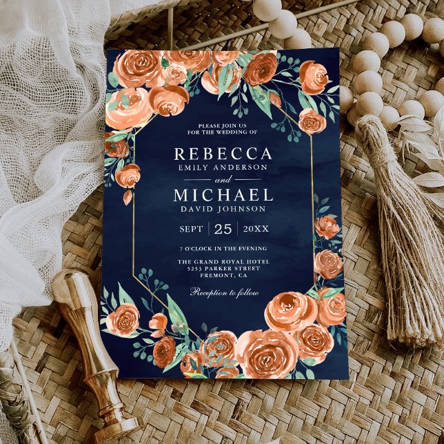 Invitation Mariage Fleurs Roses Orange Brûlé Terne Bleu Marin (Créateur téléchargé)