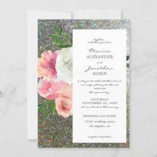 Invitation Mariage Fleurs Roses Pâles Grises et Paillettes Ar