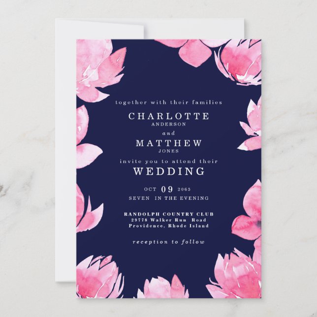 Invitation Mariage Fleurs Roses sur Fond Bleu Marine (Devant)