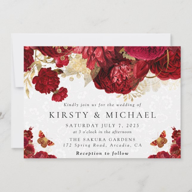 Invitation Mariage Fleurs Rouge et Or Aquarelle (Devant)