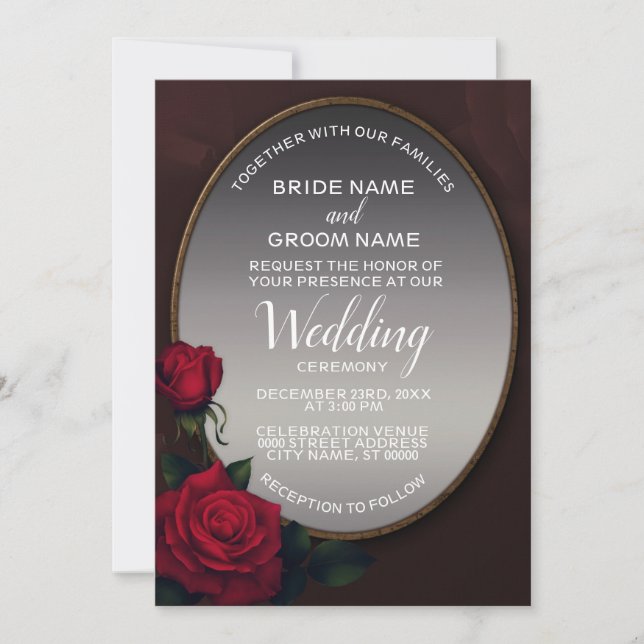 Invitation Mariage Fleurs Rouge Fardé Gris Argent Miroir (Devant)