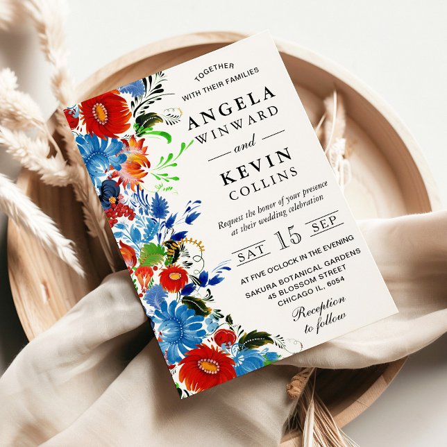 Invitation Mariage Fleurs Rouges et Bleues Aquarelle (Créateur téléchargé)