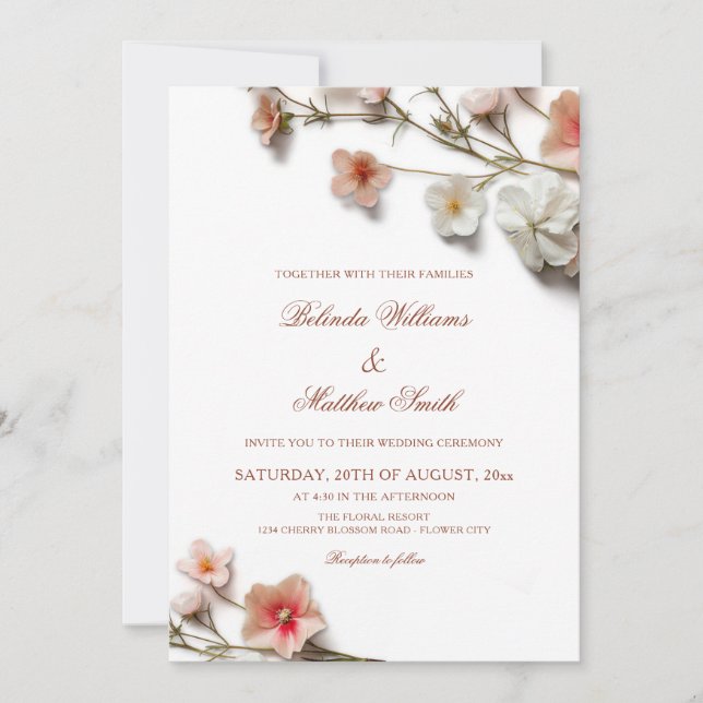 Invitation Mariage Fleurs Sauvages 3D Rose Blanc (Devant)