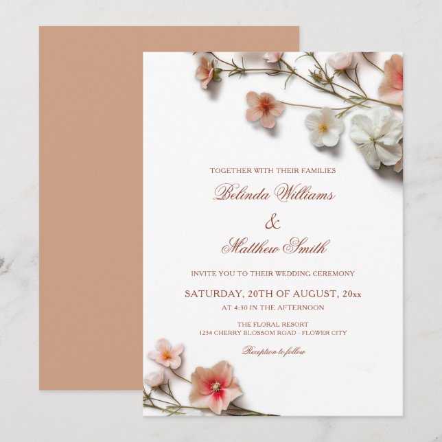 Invitation Mariage Fleurs Sauvages 3D Rose Blanc (Devant / Derrière)