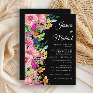 Invitation Mariage Fleurs Sauvages Aquarelle Noir Rose Jaune