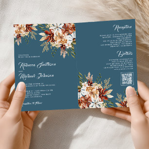 Invitation Mariage Fleurs Sauvages Bleu Poussiéreux Terracott