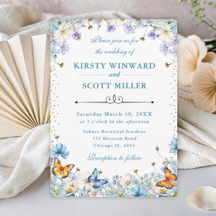 Invitation Mariage Fleurs Sauvages Bleues et Blanches & Papil